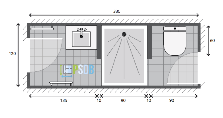 Plan d'une petite salle de bain avec un meuble suspendu de 60 cm